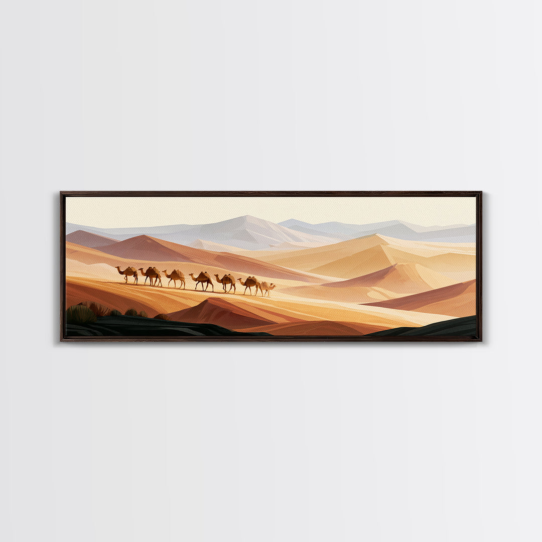 Camel Caravan Crossing Golden Dunes Framed Canvas Print, Desert Art, Contemporary Art, Southwestern Decor, Fine Art, Desert, DES-3x1-23