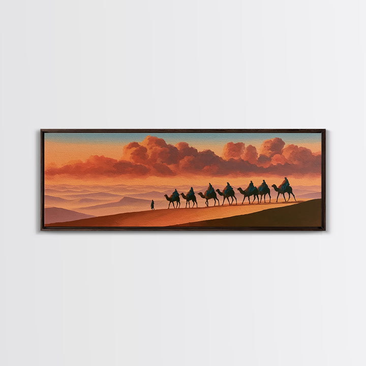 Camel Caravan Crossing Golden Dunes Framed Canvas Print, Desert Art, Boho, Southwestern Decor, Desert, Mountain Wall Art, DES-3x1-47