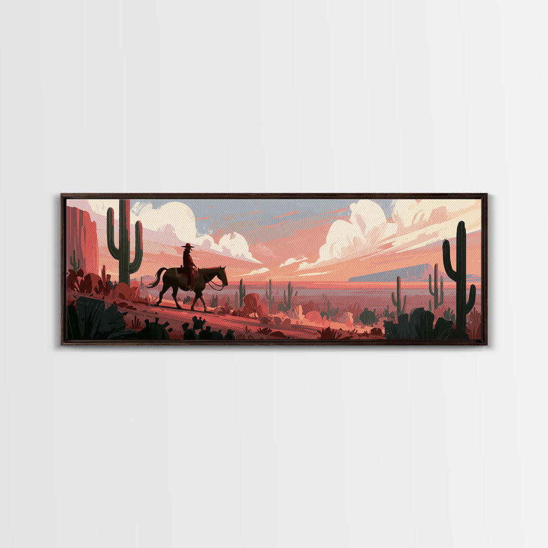 Dusty Horseback Rider at Sunset Framed Canvas Print, Desert Art, Room Decor, Southwestern Decor, Desert, Abstract Wall Art, DES-3x1-63
