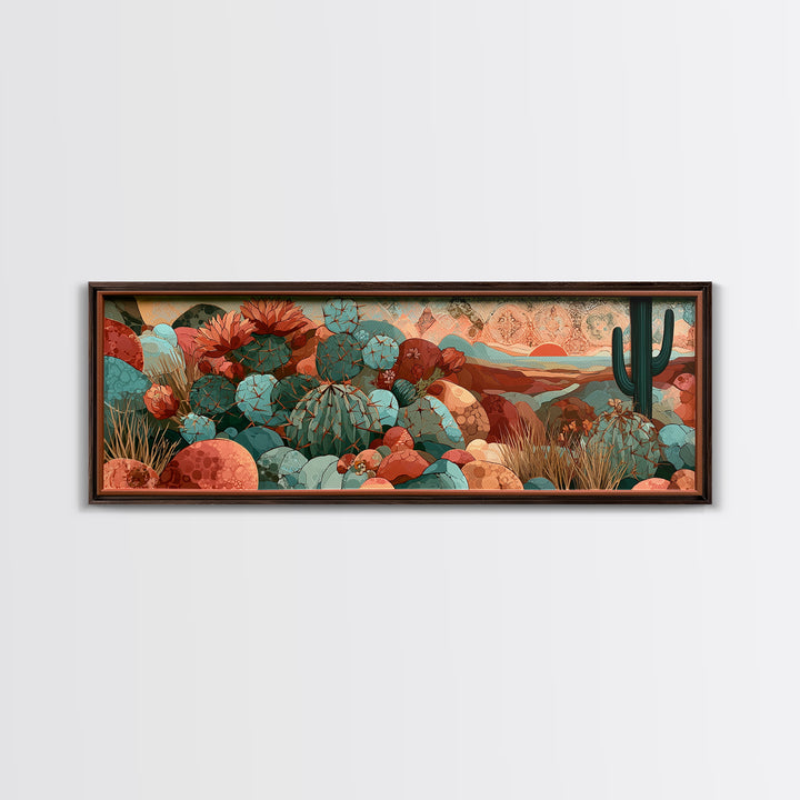 Cactus Botanical Plate Framed Canvas Print, Desert Art, Digital Prints, Southwestern Decor, Fine Art, Desert, Boho Wall Art, DES-3x1-72