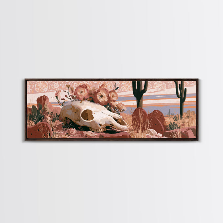 Sun Bleached Skull and Desert Flowers Canvas Print, Desert Art, Print, Southwestern Decor, Oil Painting, Desert, DES-3x1-76