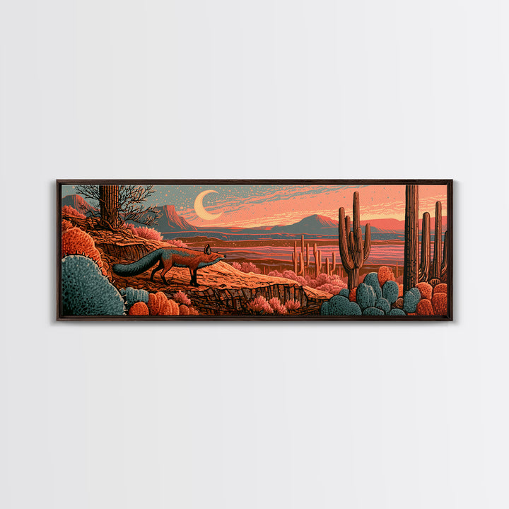 Desert Fox Beneath a Crescent Moon Framed Canvas Print, Desert Art, Mountain Wall Art, Southwestern Decor, Fine Art, Desert, DES-3x1-9