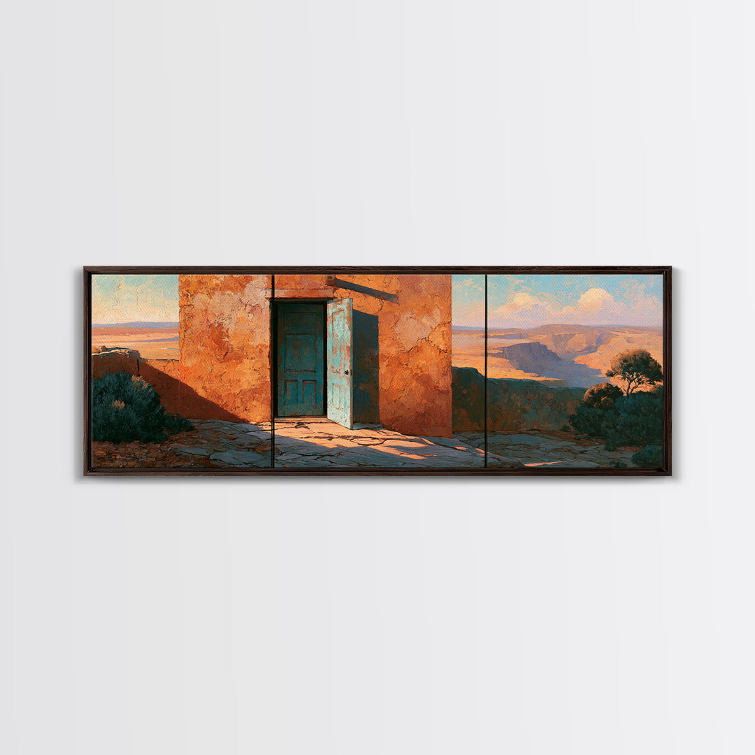 Adobe Doorway with Turquoise Shadow Canvas Print, Desert Art, Southwestern Decor, Oil Painting, Desert, Printable Art, DES-3x1-93