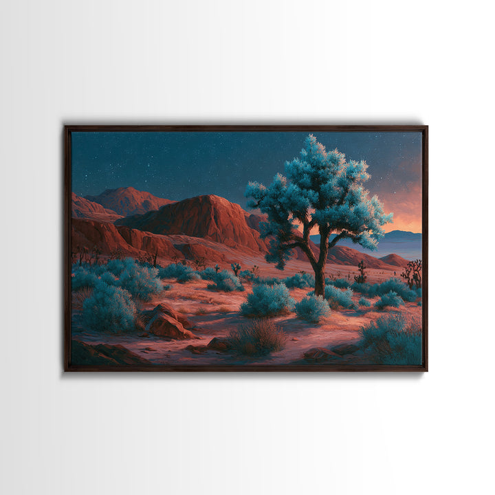 Joshua Tree under Star Filled Night Framed Canvas Print, Desert Art, Mountain Wall Art, Southwestern Decor, Oil Painting, DES-3x2-10