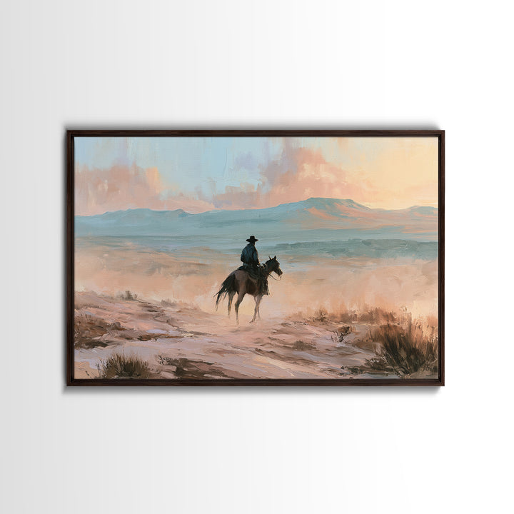 Dusty Horseback Rider at Sunset Framed Canvas Print, Desert Art, Wall Art, Southwestern Decor, Desert, Apartment Decor, DES-3x2-27