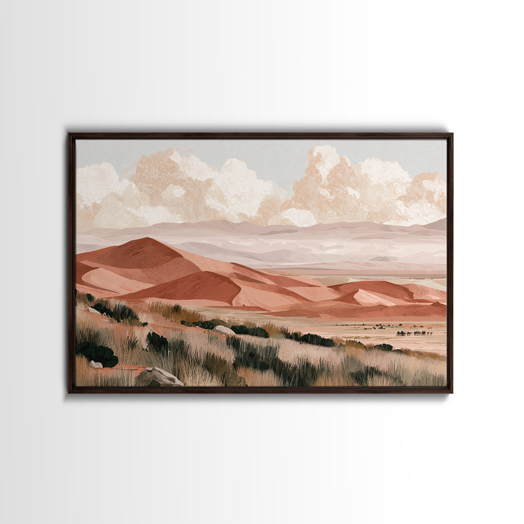 Saharan Dunes with Tiny Caravan Silhouettes Canvas Print, Desert Art, Digital Download Art, Southwestern Decor, Oil Painting, DES-3x2-30