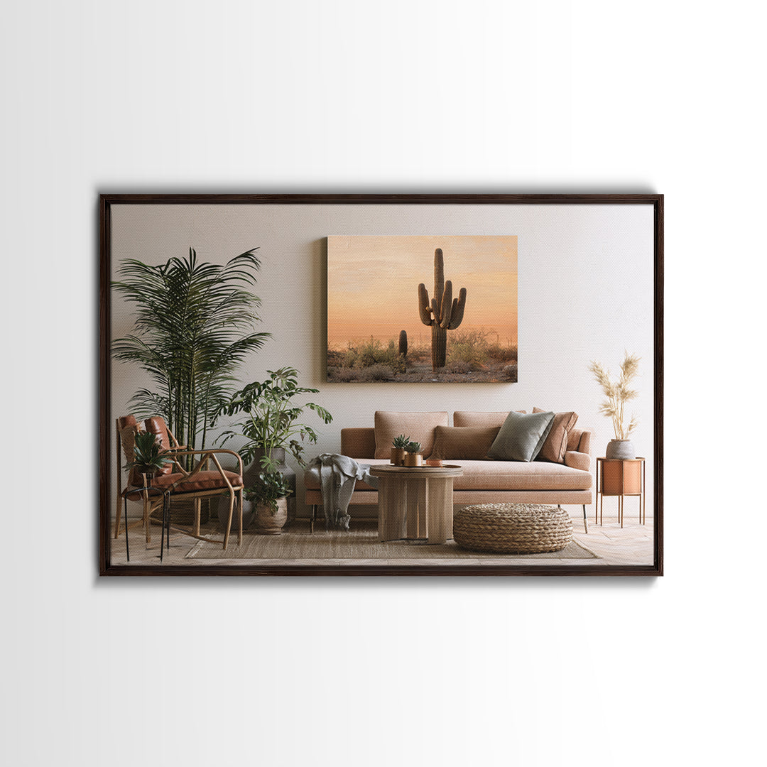 Saguaro Cactus under Orange Sunset Sky Canvas Print, Desert Art, Minimalist Decor, Southwestern Decor, Fine Art, Desert, DES-3x2-53