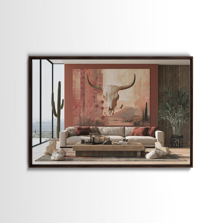 Sun Bleached Skull and Desert Flowers Framed Canvas Print, Desert Art, Original Painting, Southwestern Decor, Fine Art, Desert, DES-3x2-64