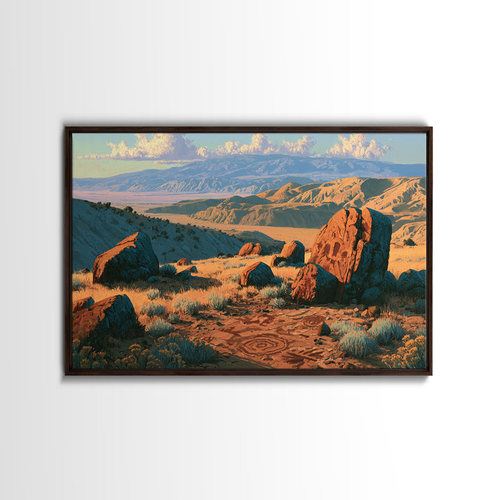 Ancient Desert Petroglyph Design Framed Canvas Print, Desert Art, Room Decor, Southwestern Decor, Desert, Abstract Wall Art, DES-3x2-97