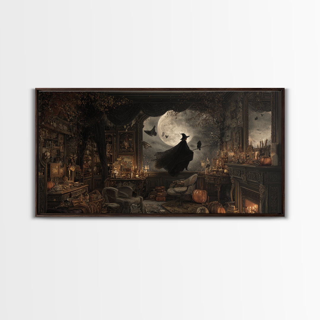 The Moonlit Witch, Wide Panoramic Art, Haunted Gothic Art, Framed Canvas Print, Halloween Wall Decor, Gothic Home Decor, Halloween Wall Art