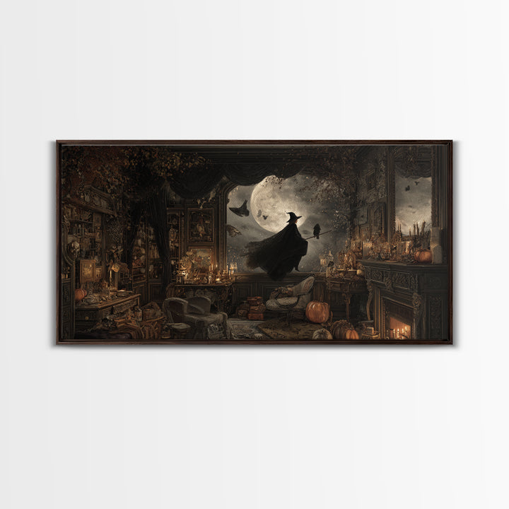 The Moonlit Witch, Wide Panoramic Art, Haunted Gothic Art, Framed Canvas Print, Halloween Wall Decor, Gothic Home Decor, Halloween Wall Art