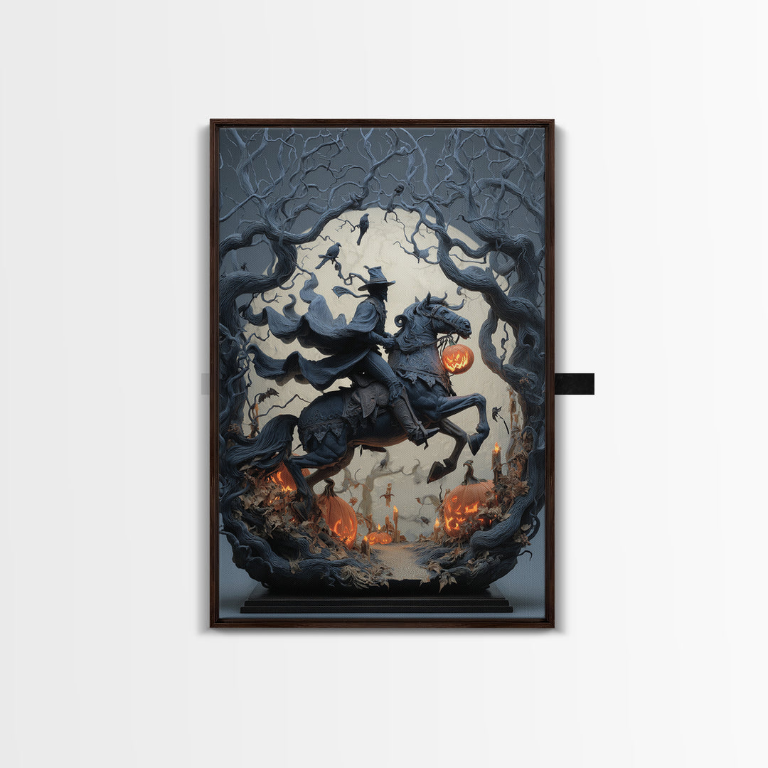 The Headless Horseman, Vertical Wall Art, Macabre Wall Art, Framed Canvas Print, Halloween Wall Decor, Gothic Home Decor, Statement Wall Art