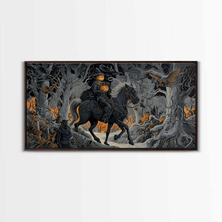 The Headless Horseman, Wide Panoramic Art, Dark Halloween Decor, Canvas Print, Halloween Wall Decor, Gothic Home Decor, Dark Fantasy Art