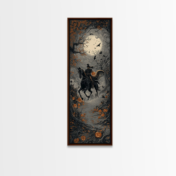 The Headless Horseman, Tall Narrow Wall Art, Haunted Gothic Art, Framed Canvas Print, Halloween Wall Decor, Gothic Home Decor