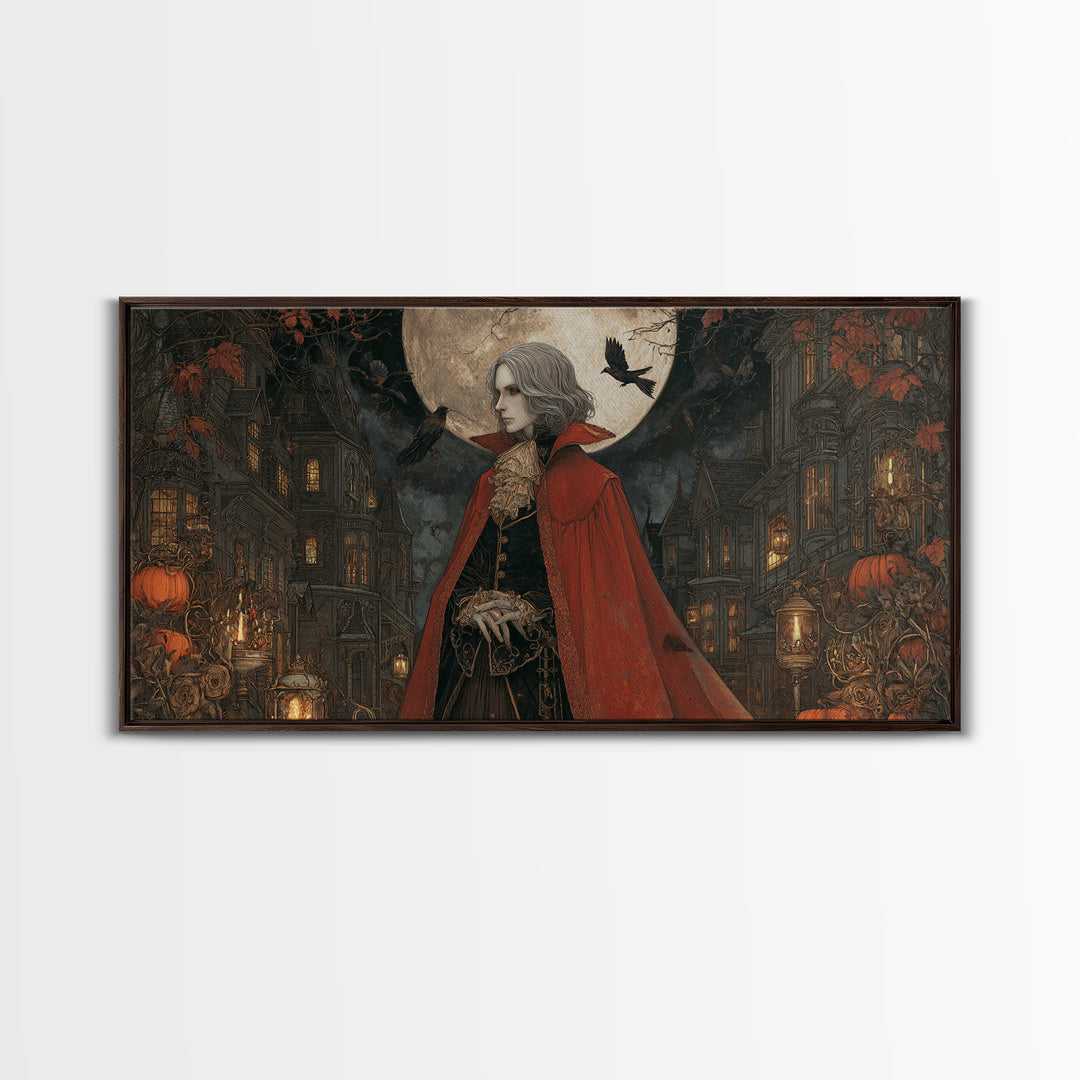 The Crimson Vampire, Wide Panoramic Art, Haunted Gothic Art, Framed Canvas Print, Halloween Wall Decor, Gothic Home Decor, Spooky Wall Decor