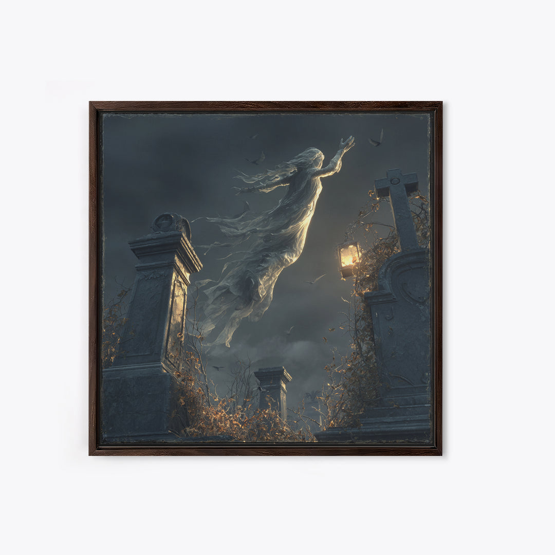 The Graveyard Ghost, Square Wall Art, Haunted Gothic Art, Framed Canvas Print, Halloween Wall Decor, Gothic Home Decor, Spooky Wall Decor