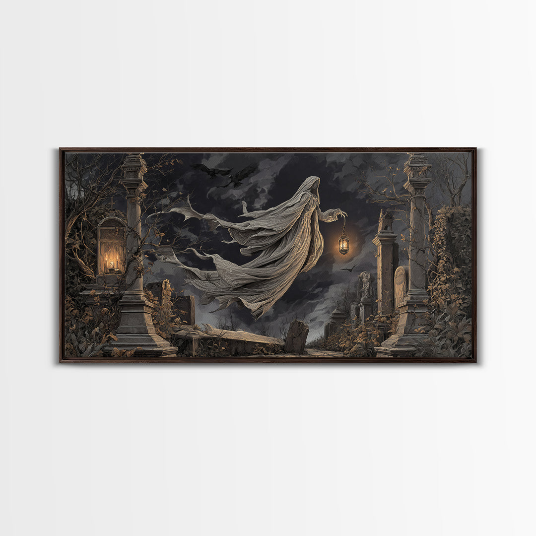The Graveyard Ghost, Wide Panoramic Art, Gothic Horror Wall Art, Framed Canvas Print, Halloween Wall Decor, Gothic Home Decor
