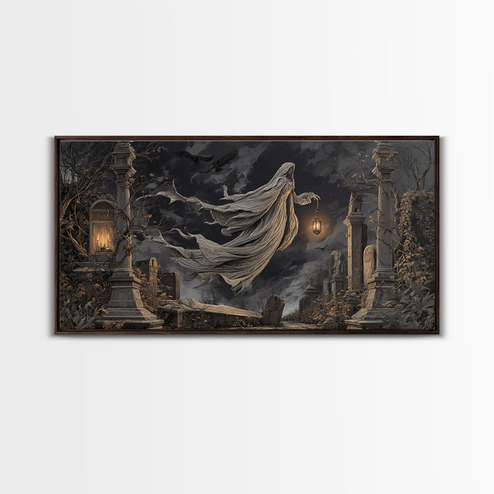 The Graveyard Ghost, Wide Panoramic Art, Gothic Horror Wall Art, Framed Canvas Print, Halloween Wall Decor, Gothic Home Decor