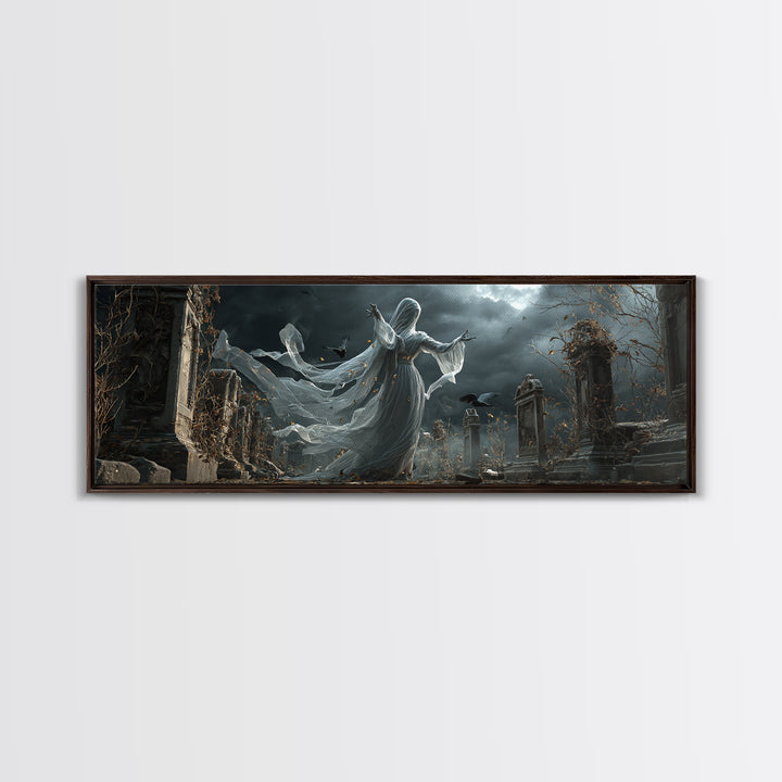 The Graveyard Ghost, Extra Wide Wall Art, Macabre Wall Art, Framed Canvas Print, Halloween Wall Decor, Gothic Home Decor