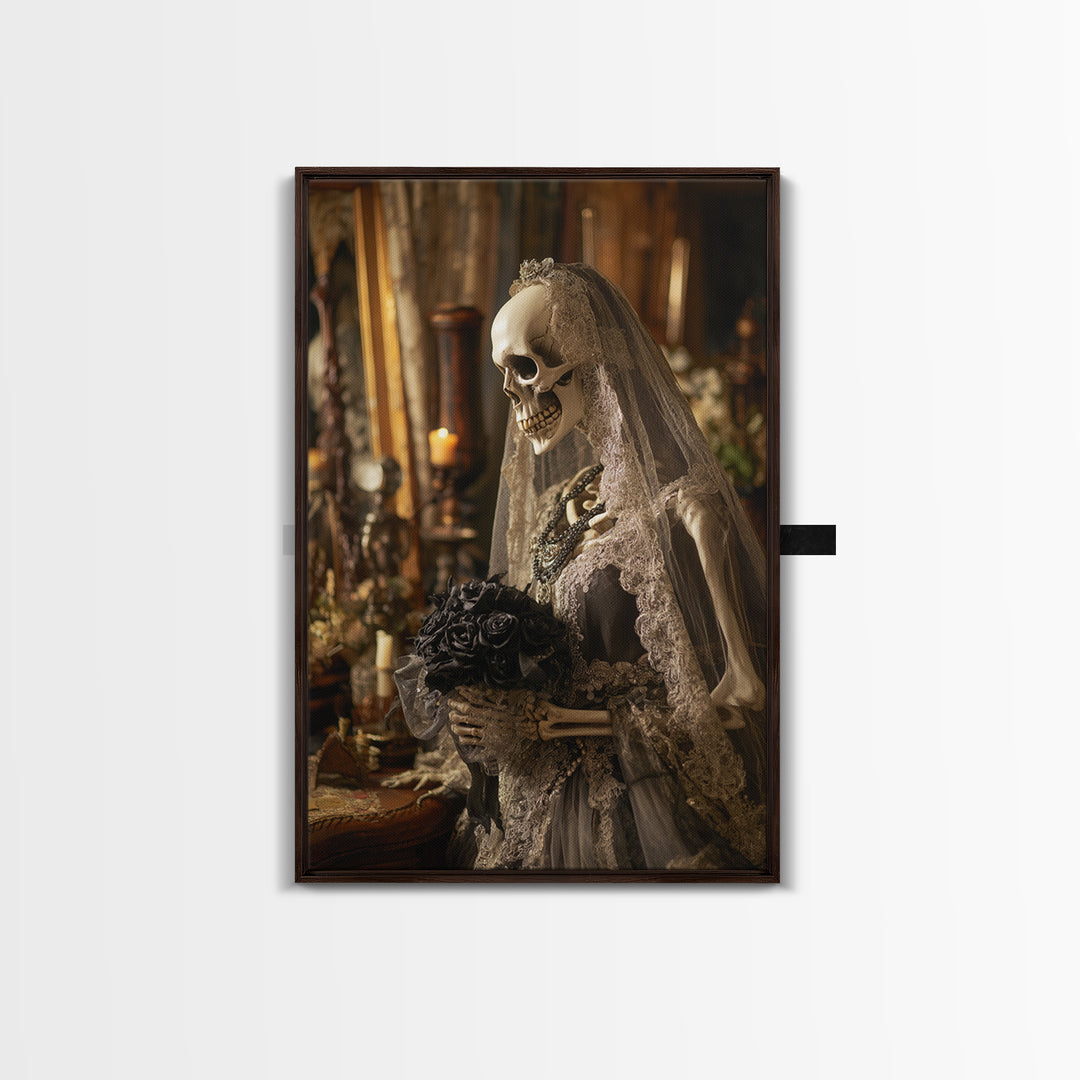 The Skeletal Bride, Vertical Wall Art, Macabre Wall Art, Framed Canvas Print, Halloween Wall Decor, Gothic Home Decor, Spooky Wall Decor