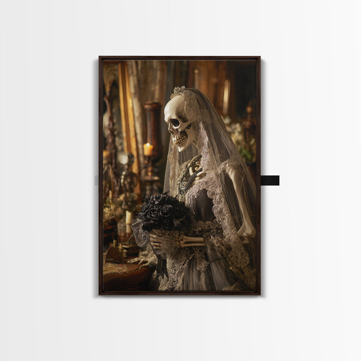 The Skeletal Bride, Vertical Wall Art, Macabre Wall Art, Framed Canvas Print, Halloween Wall Decor, Gothic Home Decor, Spooky Wall Decor