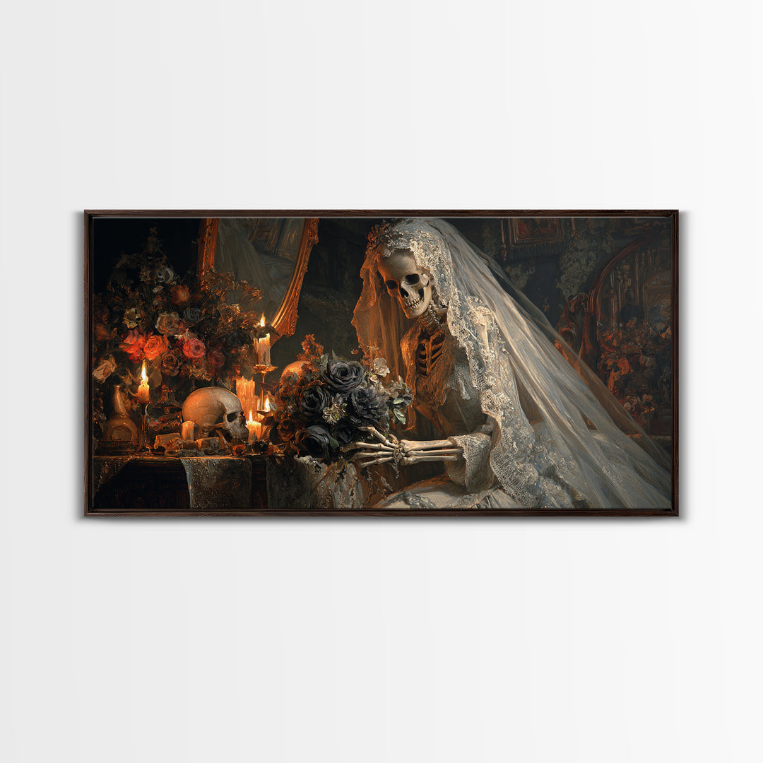 The Skeletal Bride, Wide Panoramic Art, Haunted Gothic Art, Framed Canvas Print, Halloween Wall Decor, Gothic Home Decor, Dark Fantasy Art
