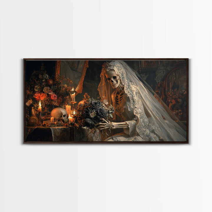 The Skeletal Bride, Wide Panoramic Art, Haunted Gothic Art, Framed Canvas Print, Halloween Wall Decor, Gothic Home Decor, Dark Fantasy Art