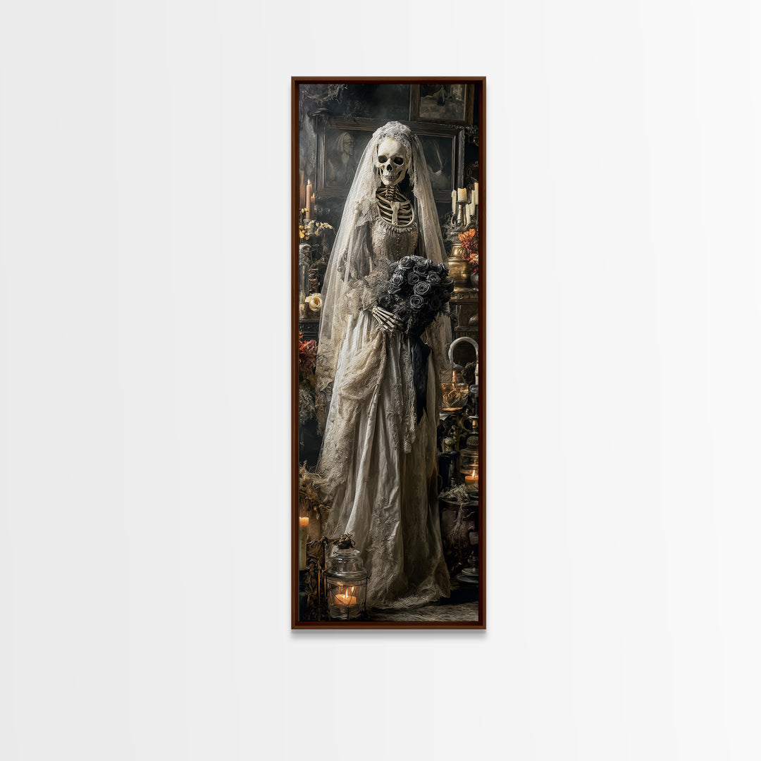 The Skeletal Bride, Tall Narrow Wall Art, Macabre Wall Art, Framed Canvas Print, Halloween Wall Decor, Gothic Home Decor, Halloween Decor