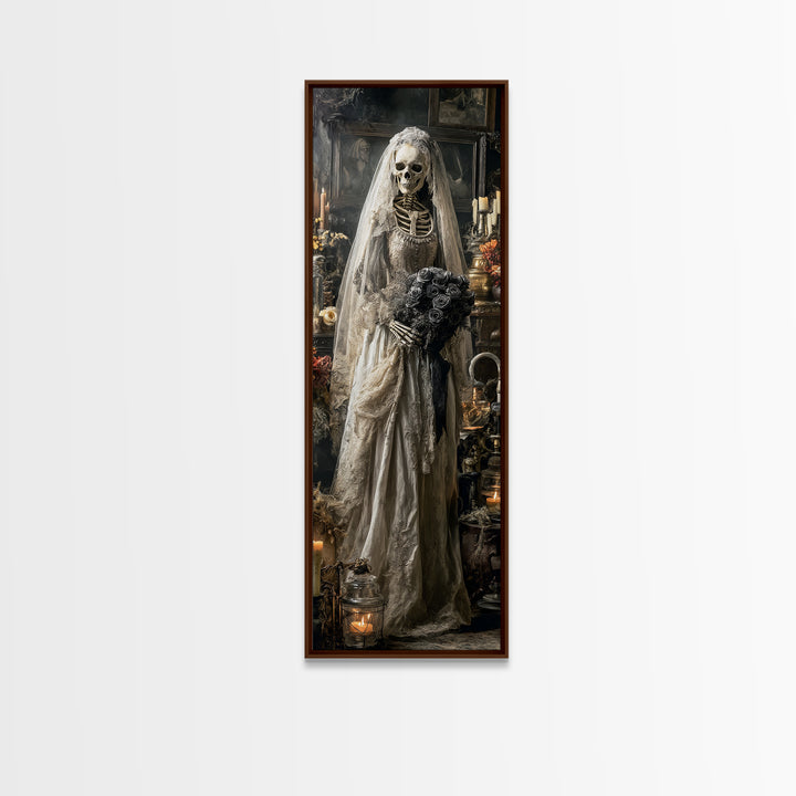 The Skeletal Bride, Tall Narrow Wall Art, Macabre Wall Art, Framed Canvas Print, Halloween Wall Decor, Gothic Home Decor, Halloween Decor