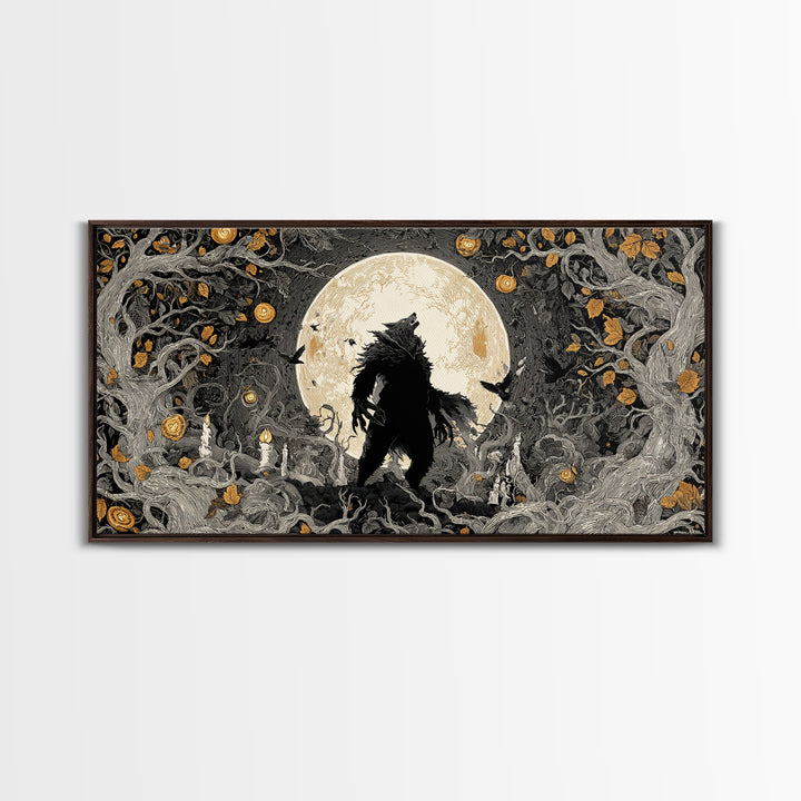 The Moon-Cursed Werewolf, Wide Panoramic Art, Macabre Wall Art, Framed Canvas Print, Halloween Wall Decor, Gothic Home Decor