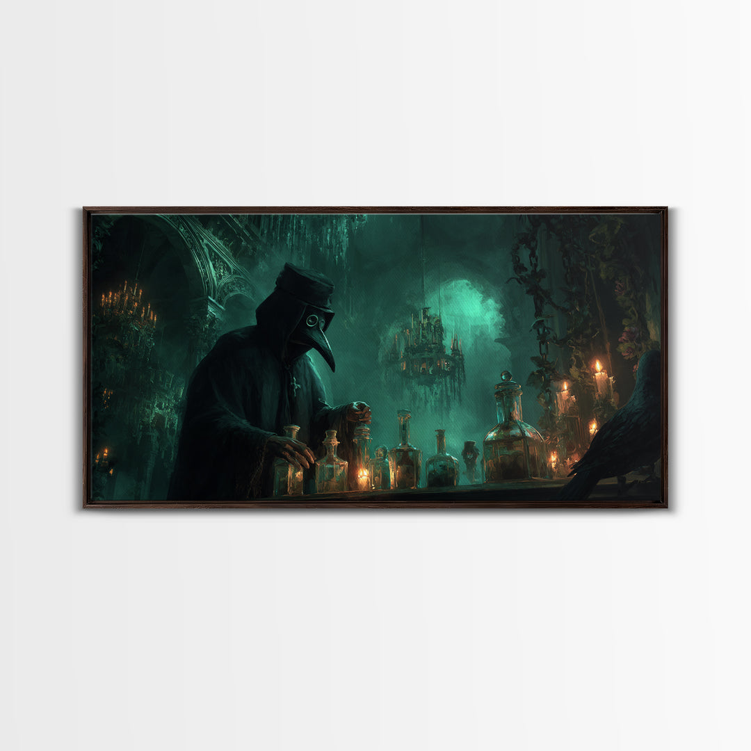 The Plague Doctor, Wide Panoramic Art, Macabre Wall Art, Framed Canvas Print, Halloween Wall Decor, Gothic Home Decor, Halloween Wall Art