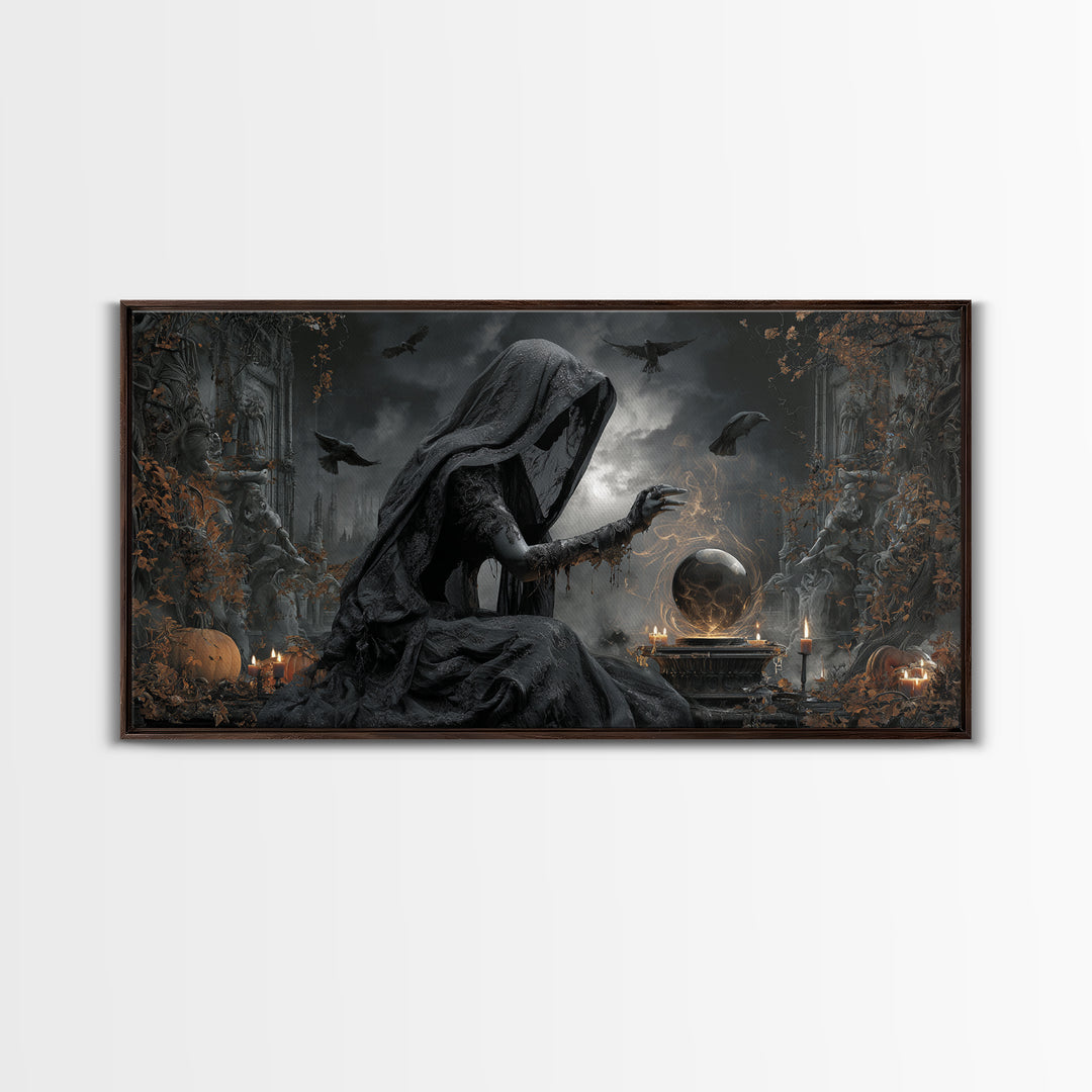 The Midnight Fortune Teller, Wide Panoramic Art, Macabre Wall Art, Framed Canvas Print, Halloween Wall Decor, Gothic Home Decor