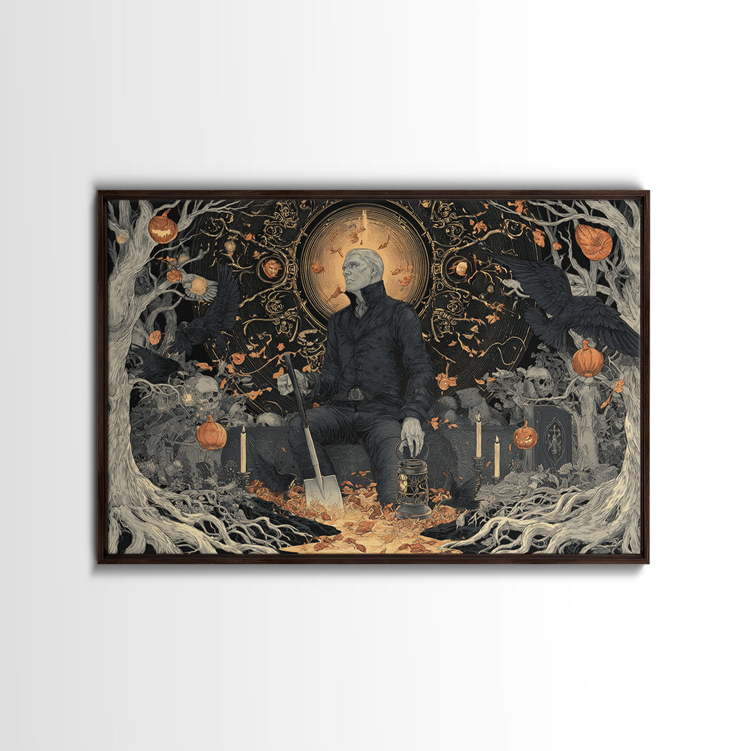 The Lantern Gravedigger, Landscape Wall Art, Gothic Horror Wall Art, Framed Canvas Print, Halloween Wall Decor, Gothic Home Decor
