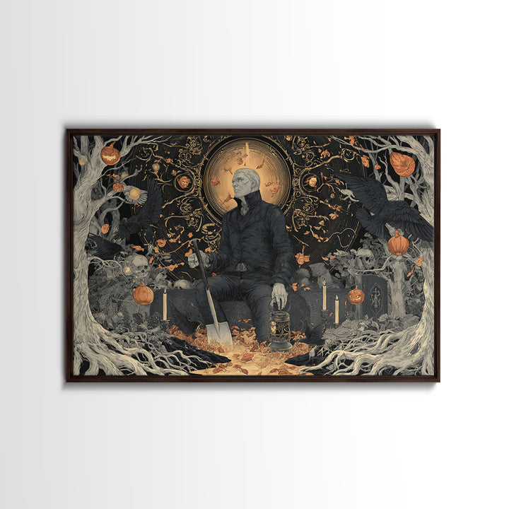 The Lantern Gravedigger, Landscape Wall Art, Gothic Horror Wall Art, Framed Canvas Print, Halloween Wall Decor, Gothic Home Decor