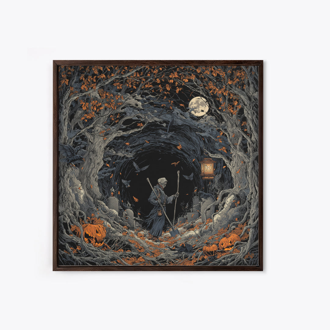 The Lantern Gravedigger, Square Wall Art, Dark Halloween Decor, Canvas Print, Halloween Wall Decor, Gothic Home Decor, Spooky Wall Decor