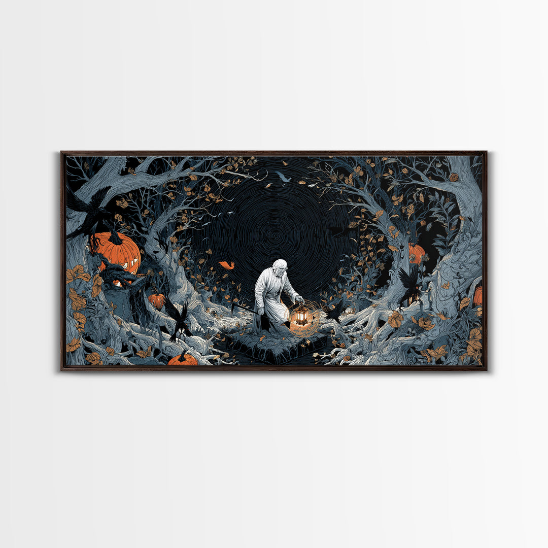 The Lantern Gravedigger, Wide Panoramic Art, Spooky Home Decor, Canvas Print, Halloween Wall Decor, Gothic Home Decor, Spooky Wall Decor