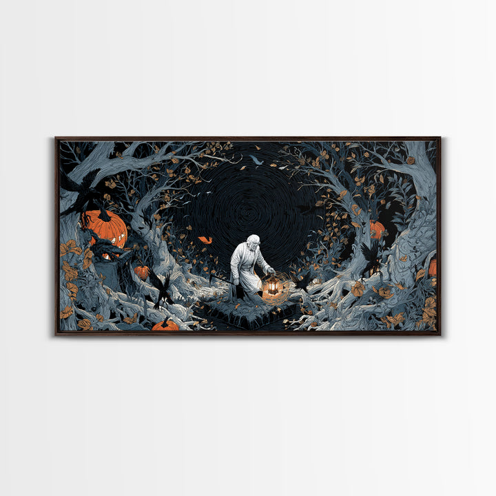 The Lantern Gravedigger, Wide Panoramic Art, Spooky Home Decor, Canvas Print, Halloween Wall Decor, Gothic Home Decor, Spooky Wall Decor