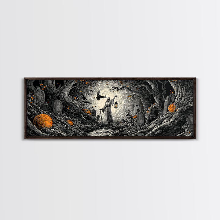 The Lantern Gravedigger, Extra Wide Wall Art, Gothic Horror Wall Art, Framed Canvas Print, Halloween Wall Decor, Gothic Home Decor