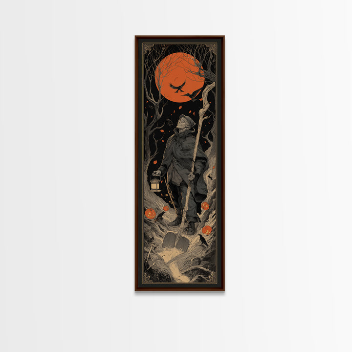The Lantern Gravedigger, Tall Narrow Wall Art, Macabre Wall Art, Framed Canvas Print, Halloween Wall Decor, Gothic Home Decor