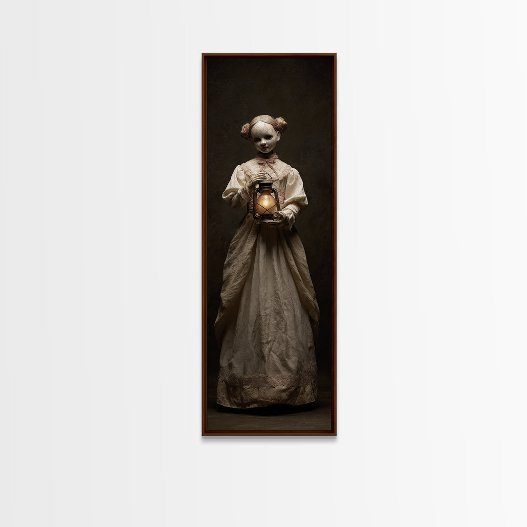 The Haunted Porcelain Doll, Tall Narrow Wall Art, Macabre Wall Art, Framed Canvas Print, Halloween Wall Decor, Gothic Home Decor