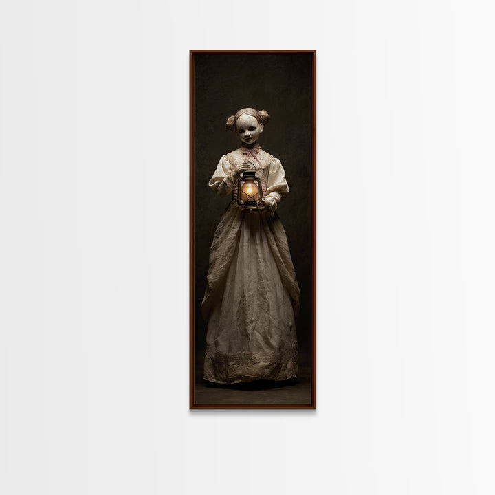 The Haunted Porcelain Doll, Tall Narrow Wall Art, Macabre Wall Art, Framed Canvas Print, Halloween Wall Decor, Gothic Home Decor