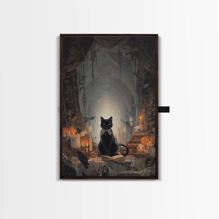 The Black Cat Familiar, Vertical Wall Art, Gothic Horror Wall Art, Framed Canvas Print, Halloween Wall Decor, Gothic Home Decor
