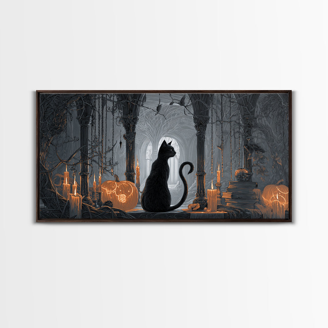 The Black Cat Familiar, Wide Panoramic Art, Haunted Gothic Art, Framed Canvas Print, Halloween Wall Decor, Gothic Home Decor