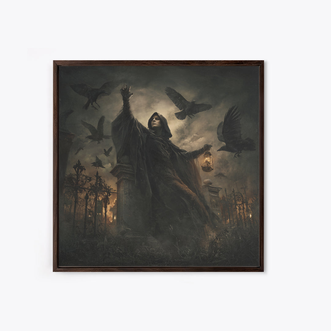The Raven Keeper, Square Wall Art, Macabre Wall Art, Framed Canvas Print, Halloween Wall Decor, Gothic Home Decor, Halloween Wall Art