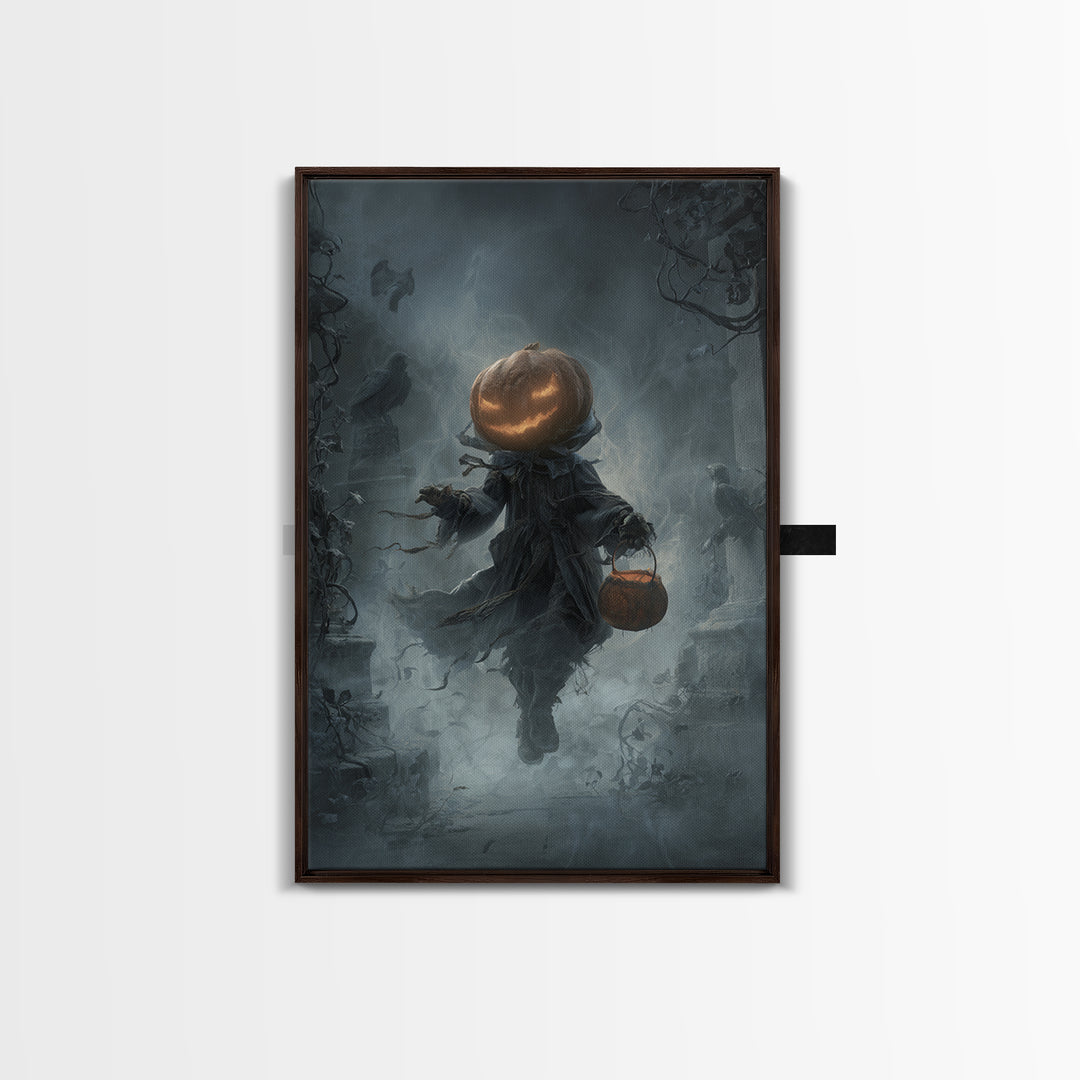 The Pumpkin-Headed Child, Vertical Wall Art, Haunted Gothic Art, Framed Canvas Print, Halloween Wall Decor, Gothic Home Decor