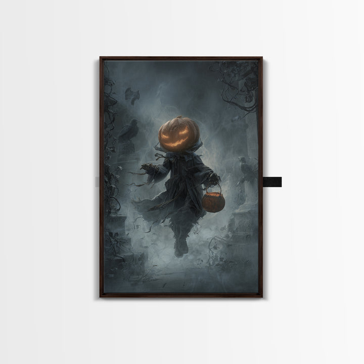 The Pumpkin-Headed Child, Vertical Wall Art, Haunted Gothic Art, Framed Canvas Print, Halloween Wall Decor, Gothic Home Decor