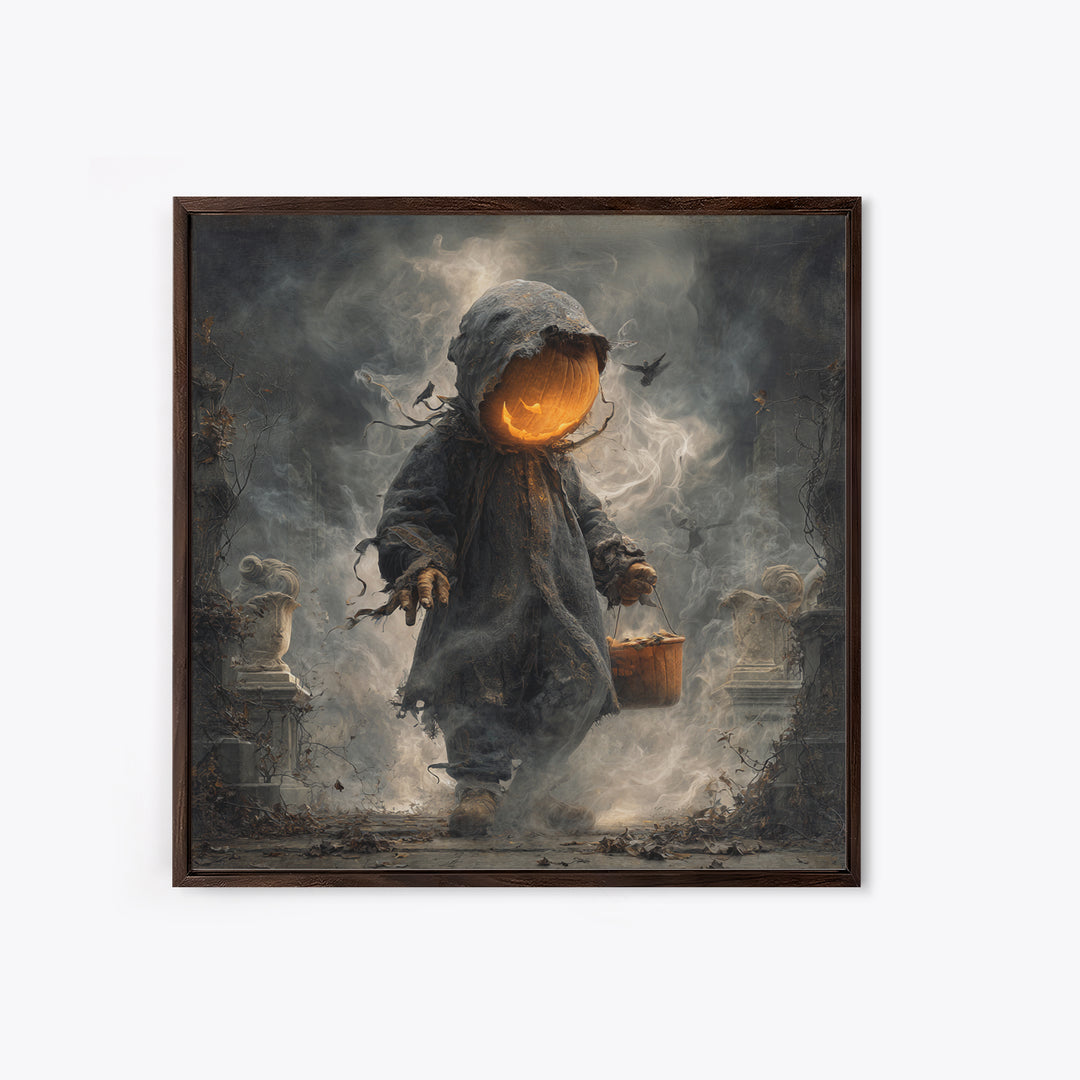 The Pumpkin-Headed Child, Square Wall Art, Haunted Gothic Art, Framed Canvas Print, Halloween Wall Decor, Gothic Home Decor