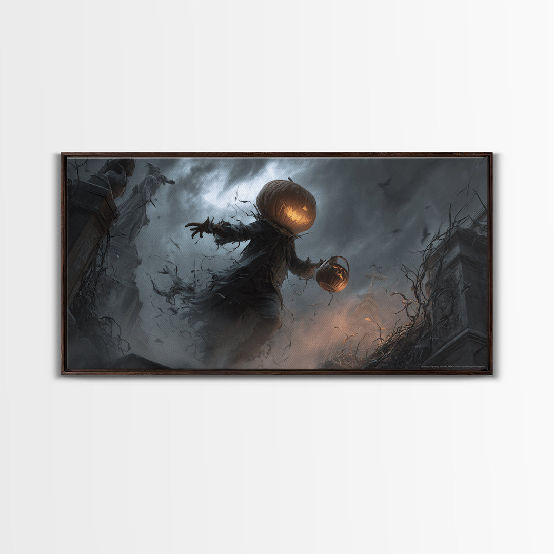 The Pumpkin-Headed Child, Wide Panoramic Art, Gothic Horror Wall Art, Framed Canvas Print, Halloween Wall Decor, Gothic Home Decor