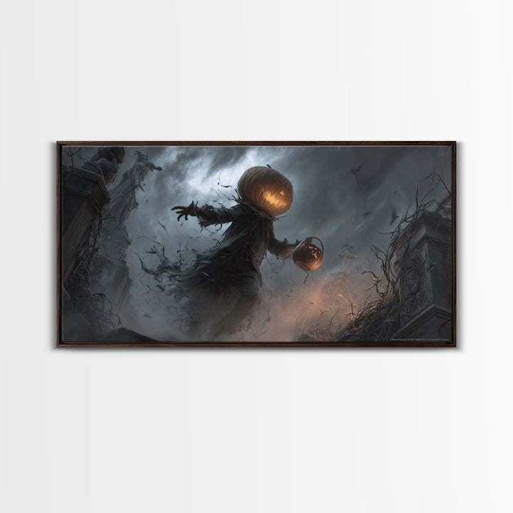 The Pumpkin-Headed Child, Wide Panoramic Art, Gothic Horror Wall Art, Framed Canvas Print, Halloween Wall Decor, Gothic Home Decor