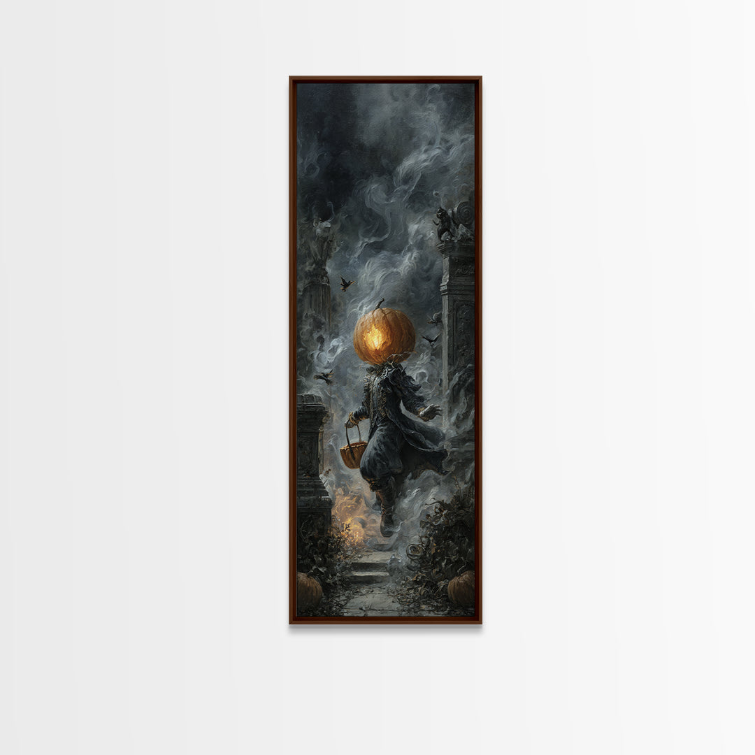 The Pumpkin-Headed Child, Tall Narrow Wall Art, Haunted Gothic Art, Framed Canvas Print, Halloween Wall Decor, Gothic Home Decor